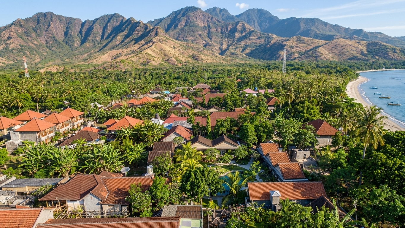 Pemuteran village with red-tiled roofs, palm trees, mountains and the beach